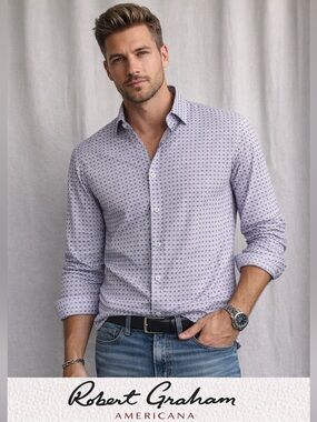 Robert Graham Americana Shirt Mens Medium Purple Geometric Button Down tailored